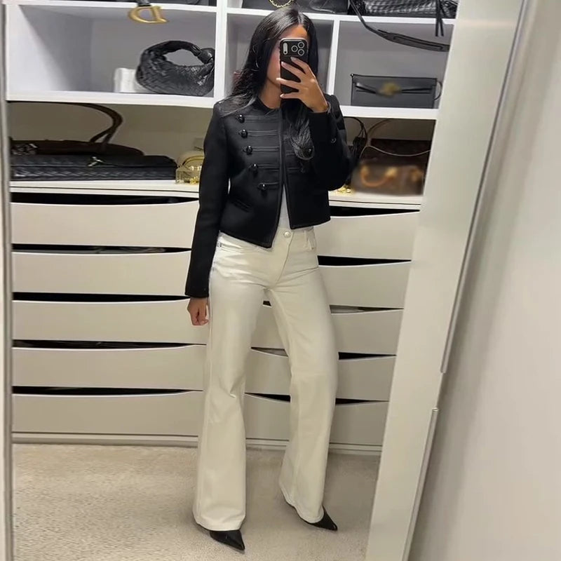 Casual Solid Women's Jacket O-Neck Full Sleeve Button Black Lady Cropped Jackets 2026 Spring Chic Female Street Outerwear