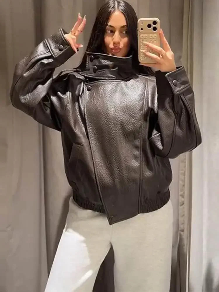 Women Bomber Jacket Leather Coat Retro Coat Stand-Collar Top Textured Clothes Lversized Biker Coat Casual Streetwear Outerwear