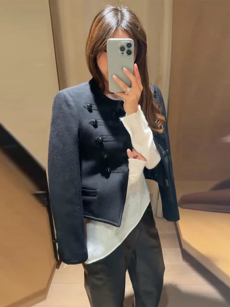 Casual Solid Women's Jacket O-Neck Full Sleeve Button Black Lady Cropped Jackets 2026 Spring Chic Female Street Outerwear