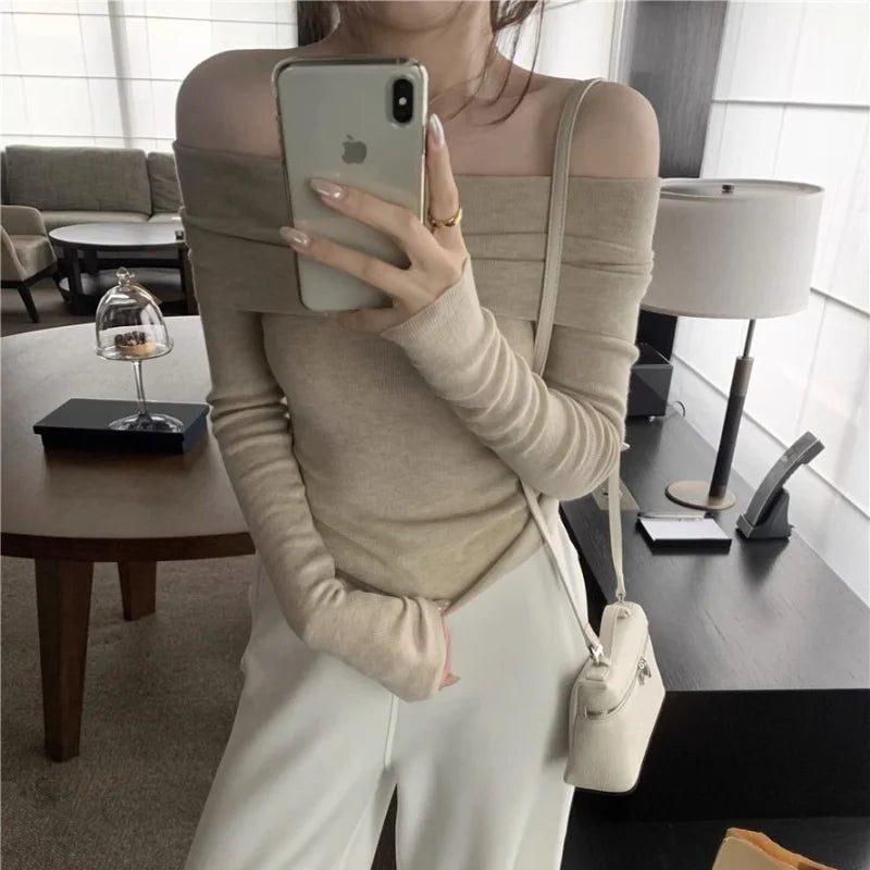 Solid Sexy Off Shoulder T-shirt Elegant Long Sleeve Tops Black Fashion Slim T Shirt Women Autumn Y2k Clothing Elastic Skinny Top