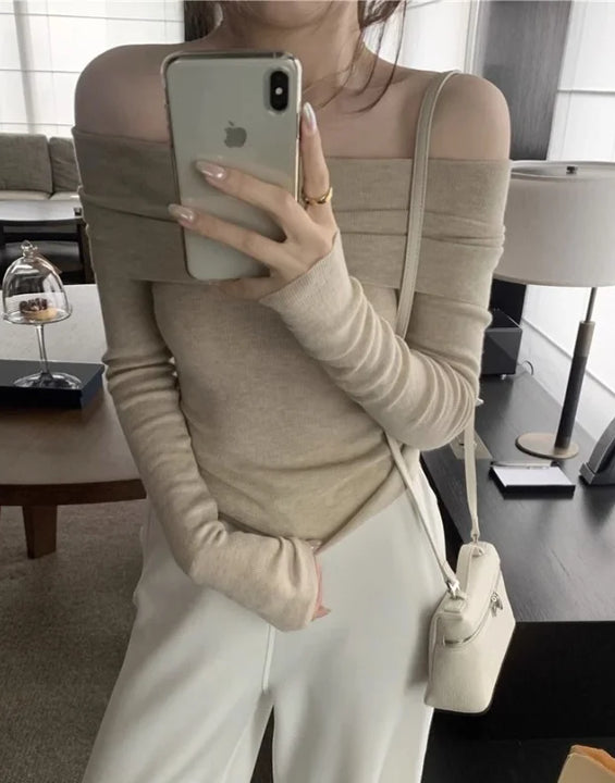 Solid Sexy Off Shoulder T-shirt Elegant Long Sleeve Tops Black Fashion Slim T Shirt Women Autumn Y2k Clothing Elastic Skinny Top