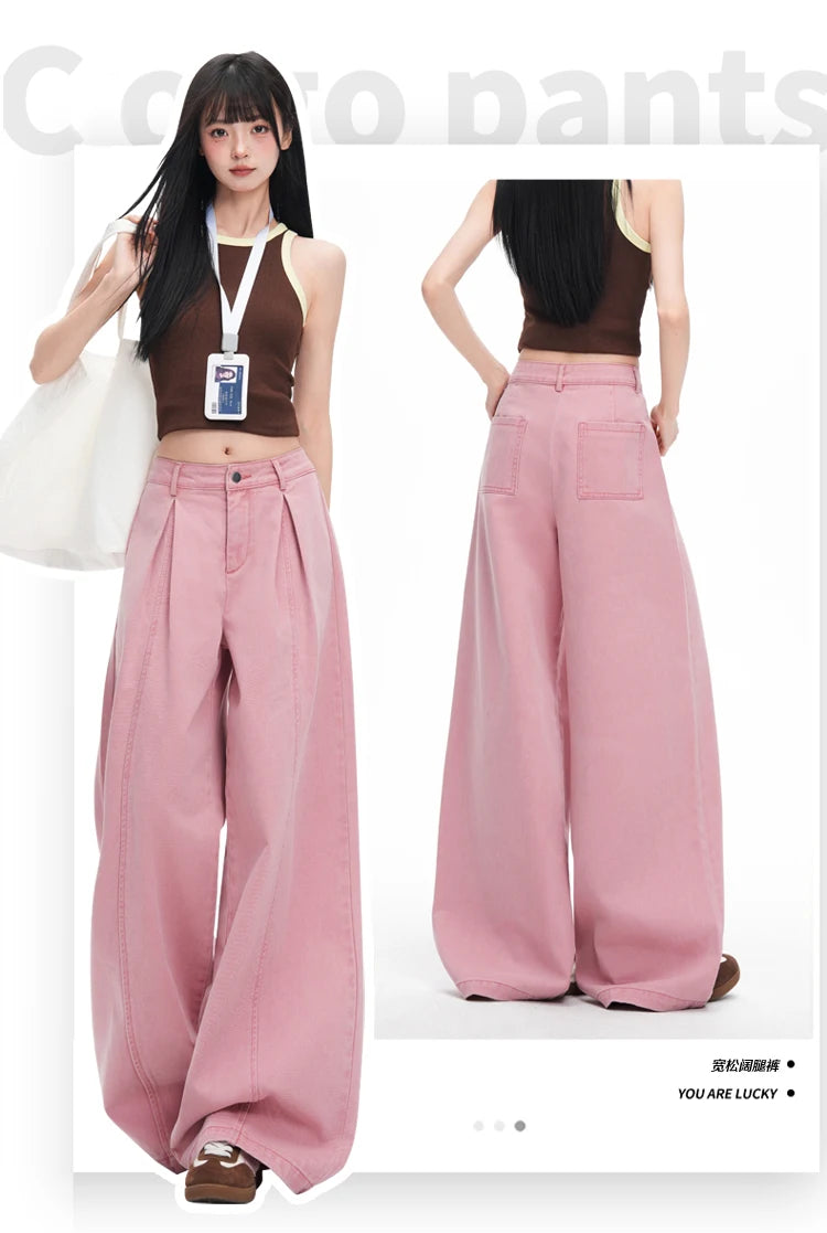 Women's Pink Folds Wide Leg Jeans 2026 Korean Fashion New High Waist Loose Casual Denim Trousers Streetwear Y2k