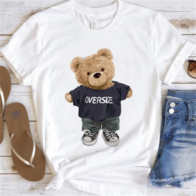 Fashion Graphic T-shirt Women Cute Bear Short-sleeved Clothes Women Print T-shirt Summer 90's Fashion Style Women T-shirt