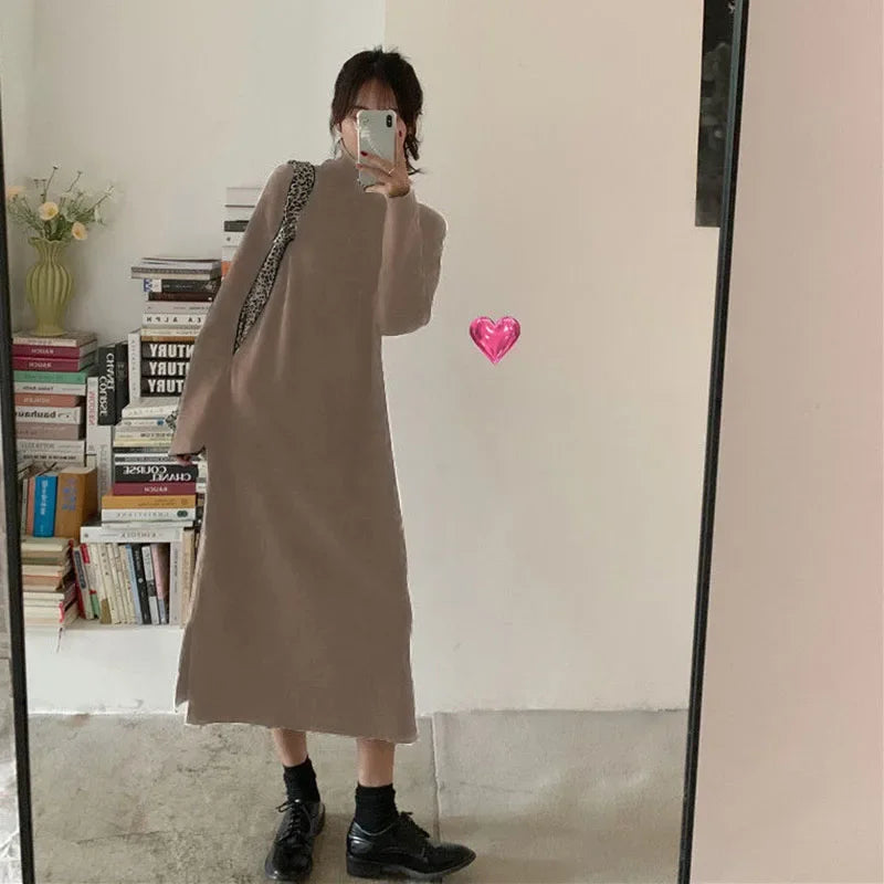 Smvp Fall Winter Turtleneck Long Dress Women Basic Solid Casual Loose Long Sleeve Dresses Female Streetwear Side Split Dress