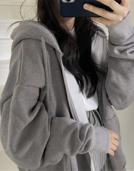 Hooded Solid Women Hoodies Zipper Sweatshirt Long Sleeve Cardigan Outerwear Loose Fit Casual Pockets Autumn 2025 Spliced
