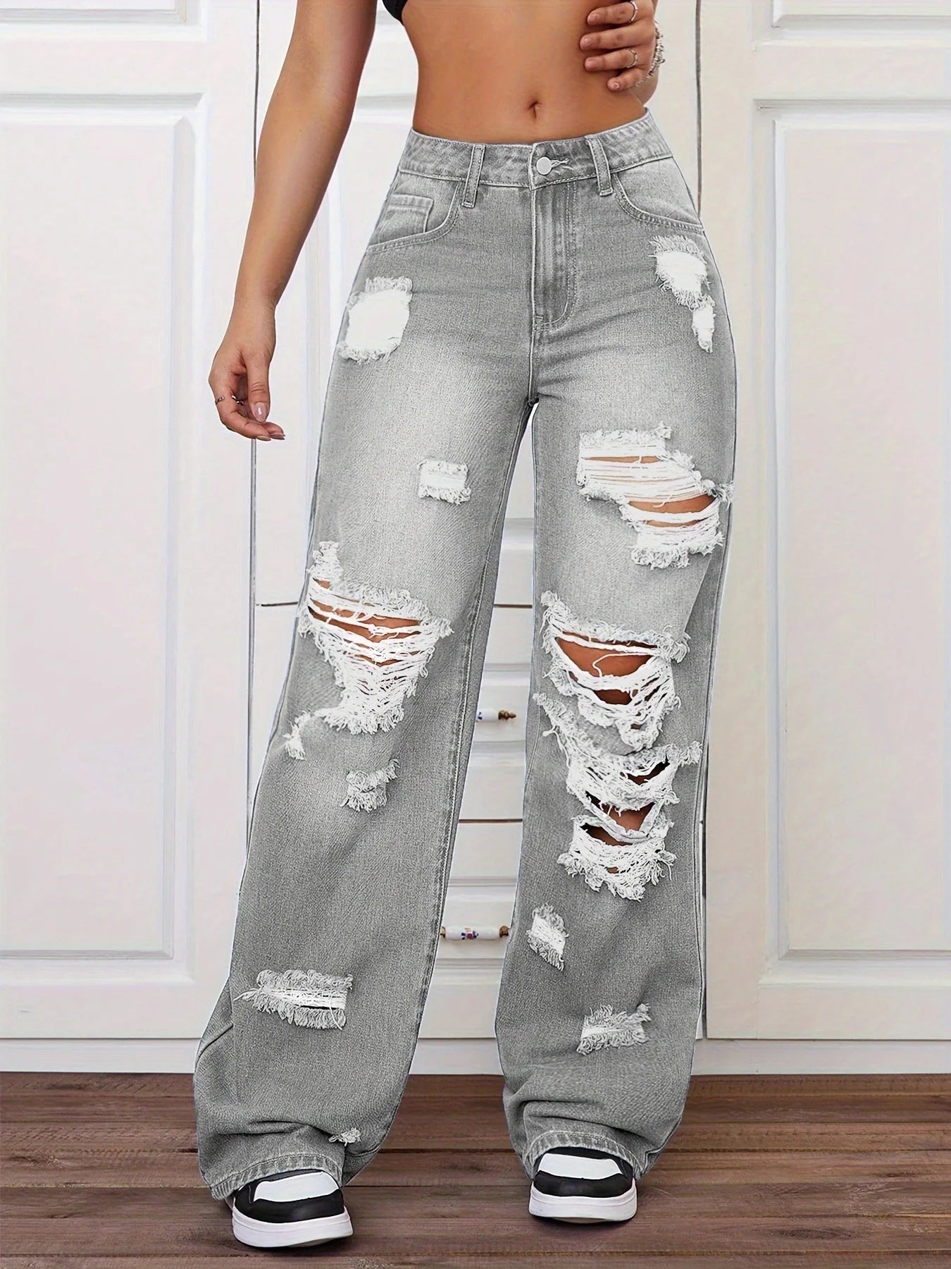 Women High Waist Straight Leg Jeans Ripped Denim Pants Casual Long Trousers Spring Summer
