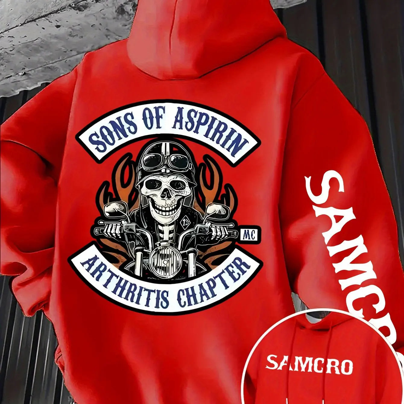 Men's Gothic Patterned Hooded Sweatshirt with Skull and Motorcycle Pattern on The Back Pullover Hoodie for Autumn and Winter
