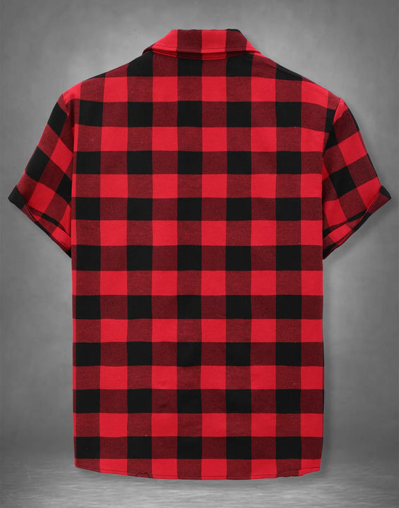 Men's Red Black Plaid Short Sleeve Shirt Summer Loose Casual Vintage Top
