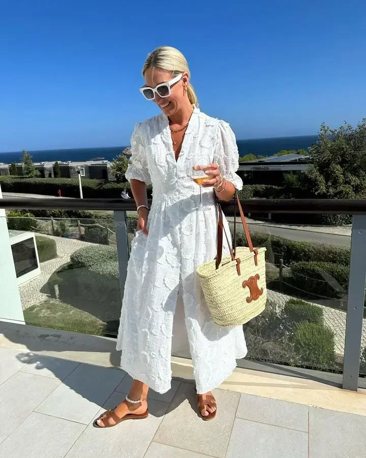 Elegant White Party Long Dress Women's Luxury V-neck Printed Single Breasted Split Evening Robe 2024 New Chic Street Dresses