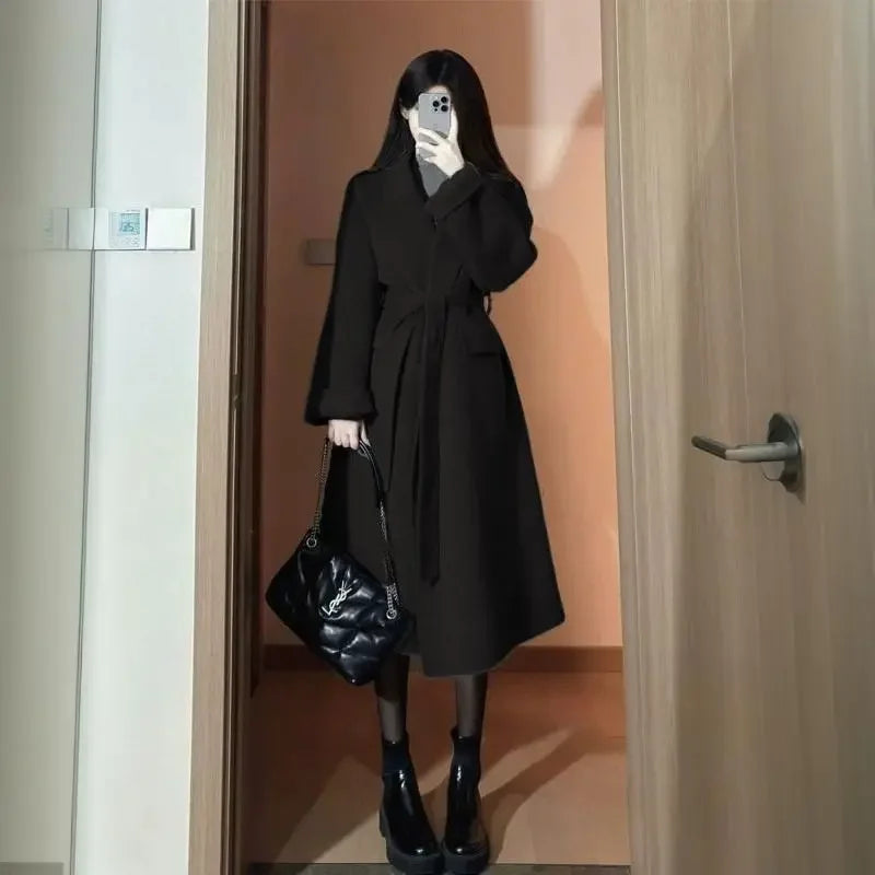 High-end Gray Women Thick Double-sided Wool Cashmere Coat New Loose Lapel Long Sleeve Woolen Coats Female Overcoat Winter