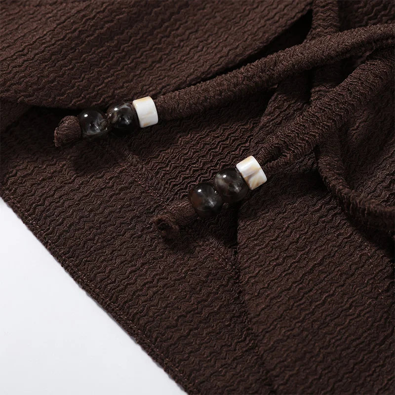Tie Front Textured Women Set V-Neck Loose Set Wide Sleeve Drawstring Pants Casual Lounge Solid Color 2 Piece Outfits For Daily