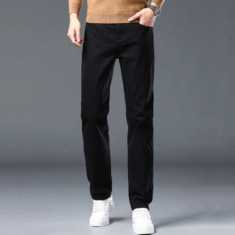 Spring New Men's Slim Fit Elastic Jeans Fashion Gray Comfortable Casual Denim Pants Korean Business Work Straight Black Trousers
