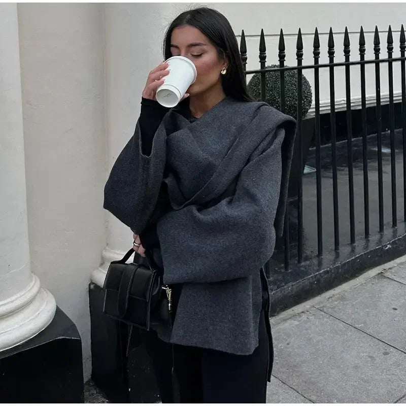 Autumn Short Gray Knitted Cloak Jacket Ladies with Scarf Women Fashion Long Sleeve Loose Cardigan Female Winter Elegant Chic New
