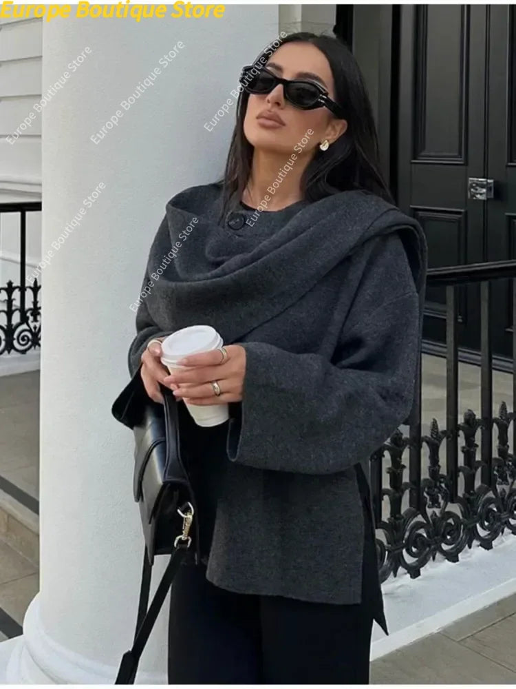 Autumn Short Gray Knitted Cloak Jacket Ladies with Scarf Women Fashion Long Sleeve Loose Cardigan Female Winter Elegant Chic New