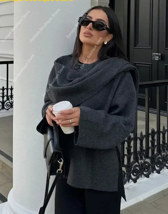 Autumn Short Gray Knitted Cloak Jacket Ladies with Scarf Women Fashion Long Sleeve Loose Cardigan Female Winter Elegant Chic New