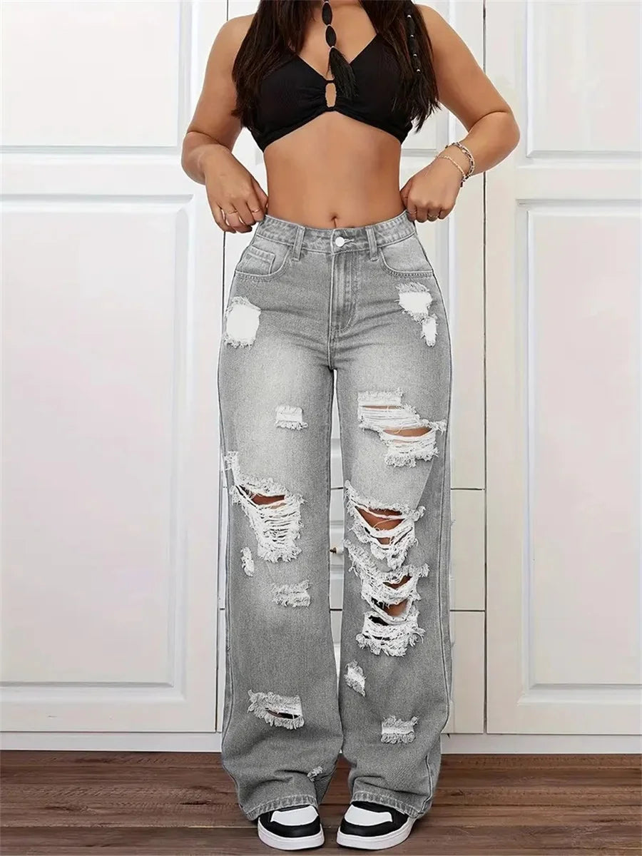 Benuynffy High Waisted Baggy Ripped Jeans Women's Streetwear Bf Style Washed All Match Straight Leg Denim Trousers Woman New