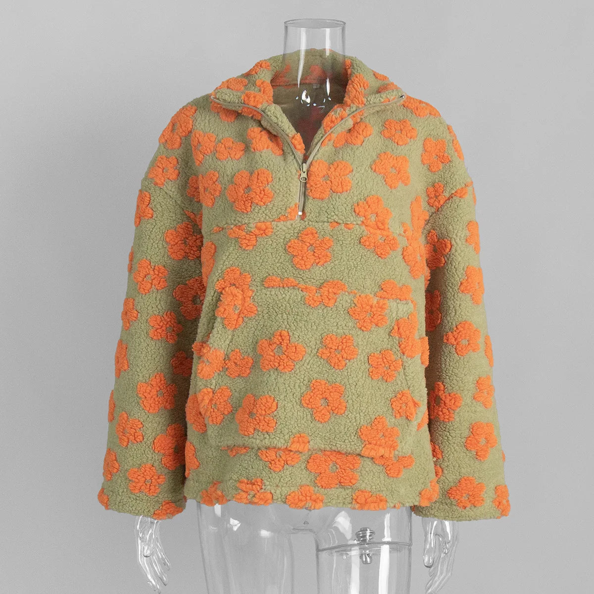 KADUWAKI Retro Christmas Women's Fashion Polar Fleece Flower Blossoms Sweaters Cotton Loose Warm Fur Stand Up Collar Zipper Tops