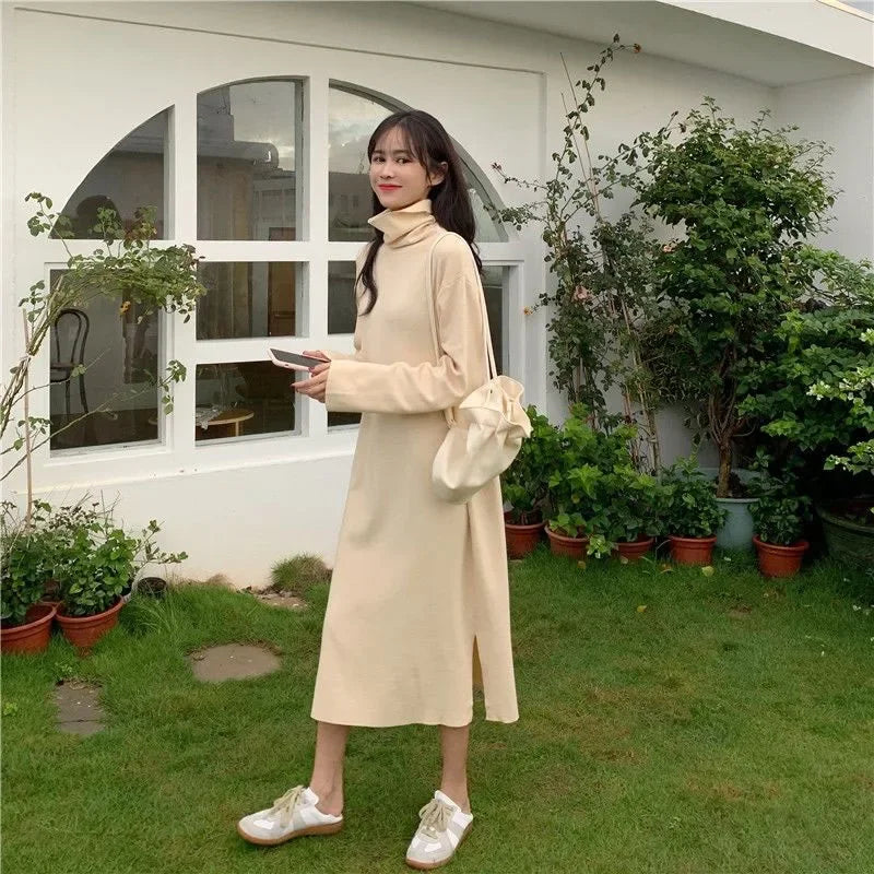Smvp Fall Winter Turtleneck Long Dress Women Basic Solid Casual Loose Long Sleeve Dresses Female Streetwear Side Split Dress