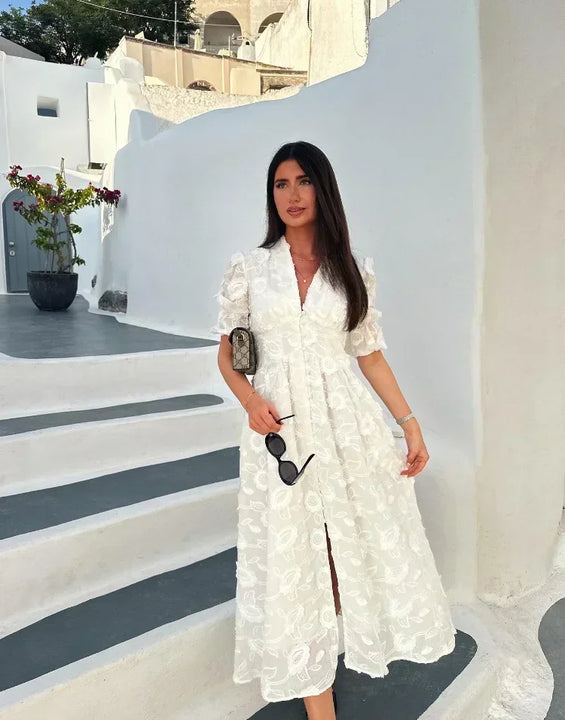 Elegant White Party Long Dress Women's Luxury V-neck Printed Single Breasted Split Evening Robe 2024 New Chic Street Dresses