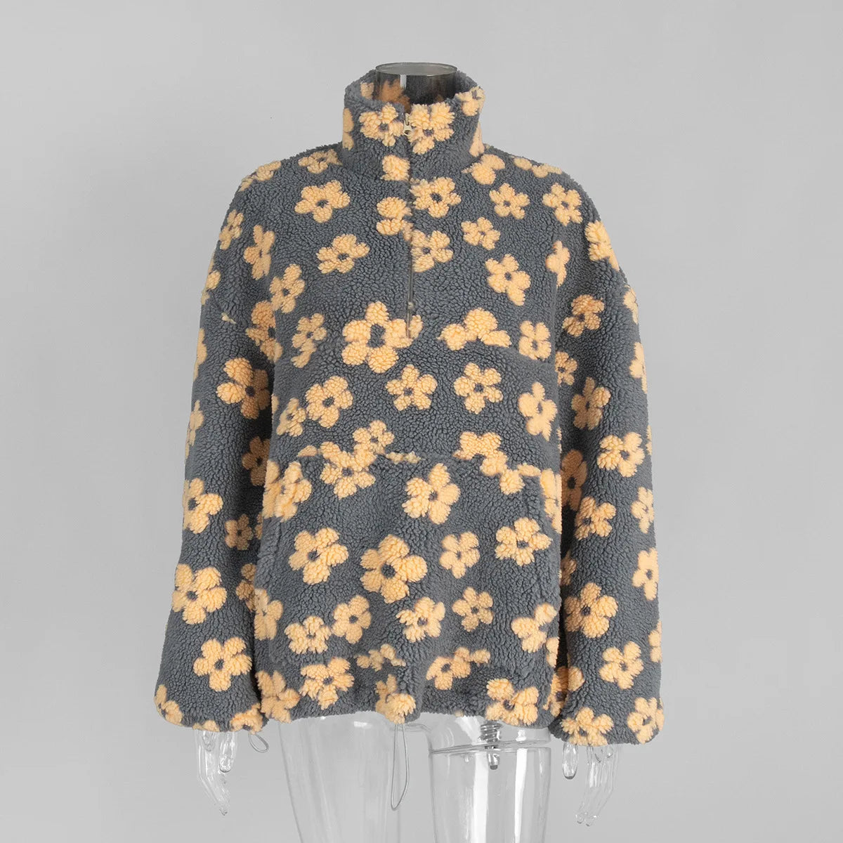 KADUWAKI Retro Christmas Women's Fashion Polar Fleece Flower Blossoms Sweaters Cotton Loose Warm Fur Stand Up Collar Zipper Tops