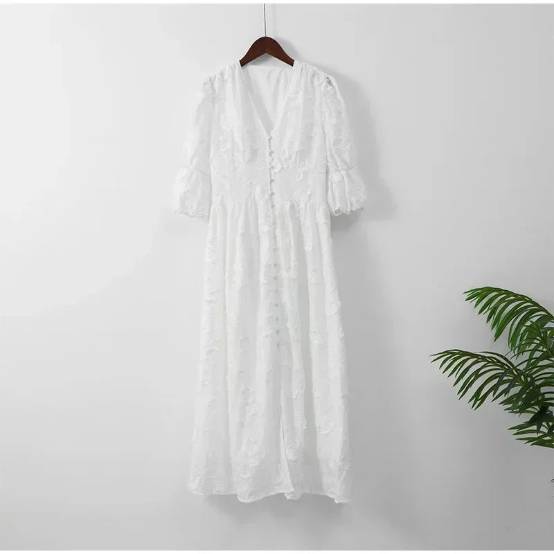 Elegant White Party Long Dress Women's Luxury V-neck Printed Single Breasted Split Evening Robe 2024 New Chic Street Dresses
