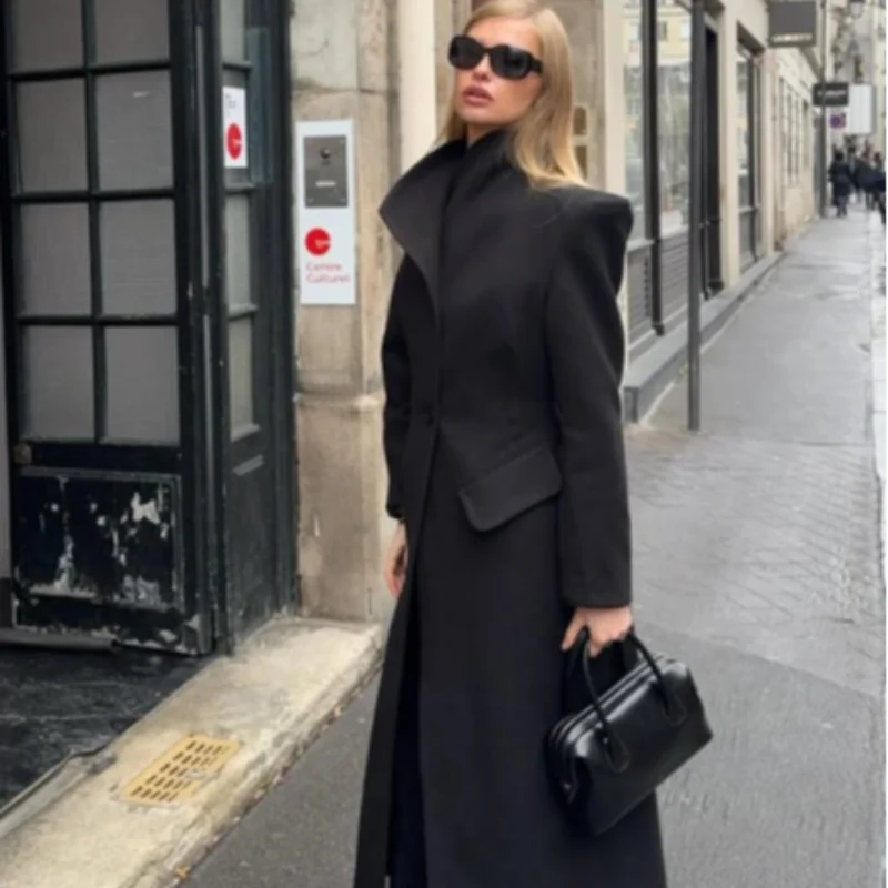 Elegant Women's Woolen Coat Black Single-Button Stand Collar Slim Lady Long Coats 2025 Autumn Winter Chic Female Streetwear New