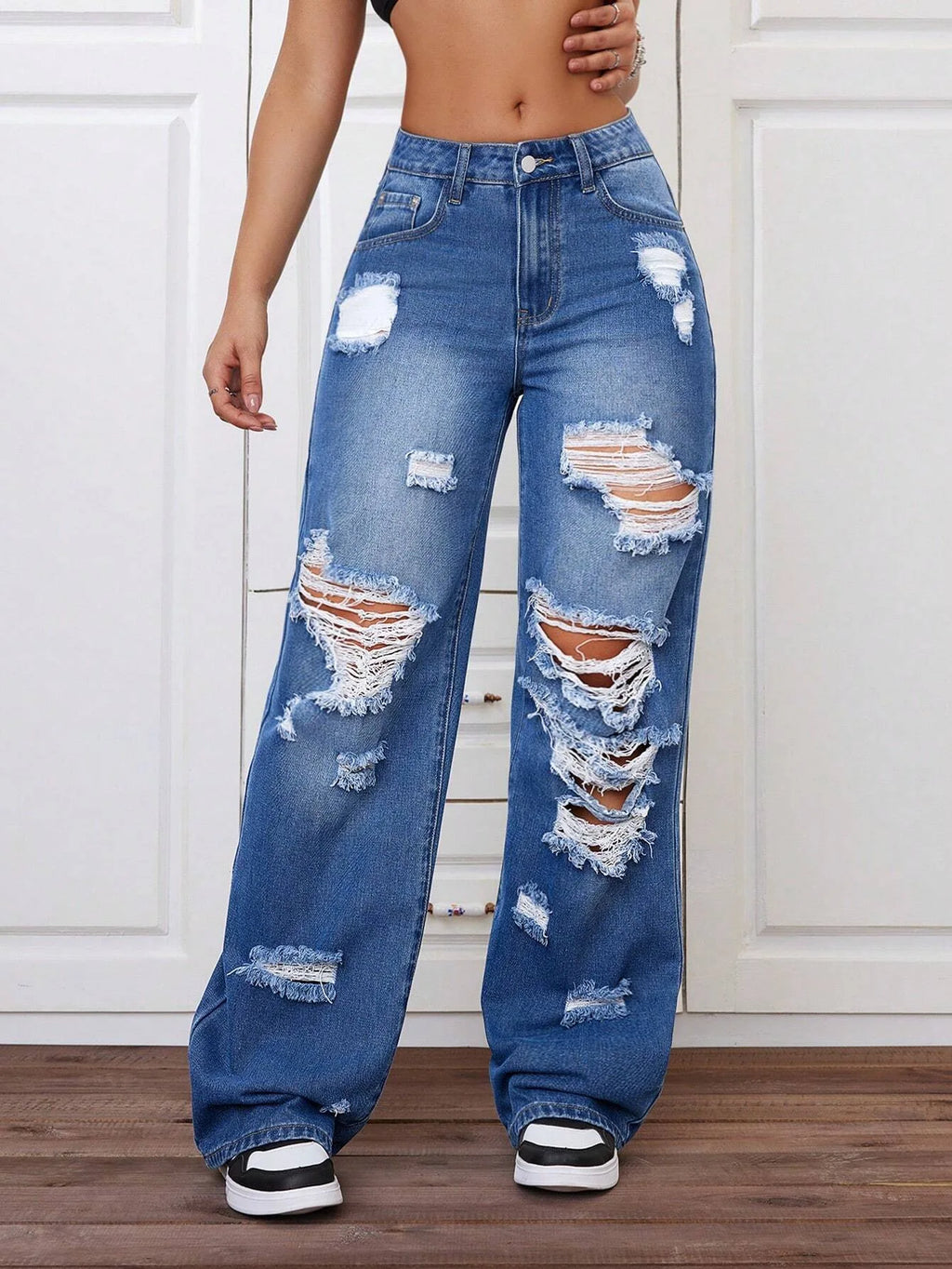 ANJY Spring Autumn New Women Washed Vintage Ripped Design High Street Jeans Trendy Fashion Straight Versatile Denim Pants A23084
