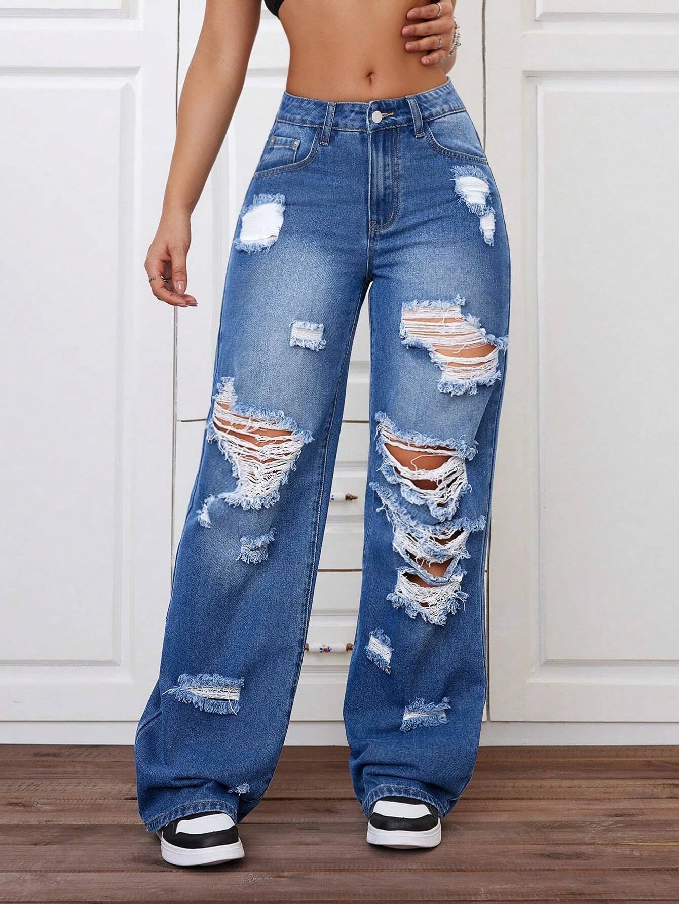ANJY Spring Autumn New Women Washed Vintage Ripped Design High Street Jeans Trendy Fashion Straight Versatile Denim Pants A23084