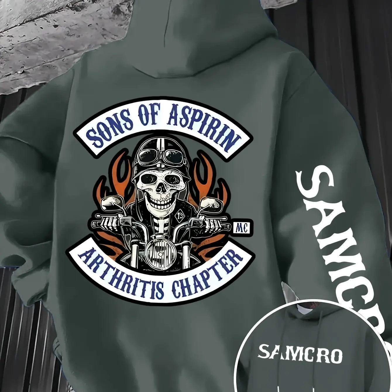 Men's Gothic Patterned Hooded Sweatshirt with Skull and Motorcycle Pattern on The Back Pullover Hoodie for Autumn and Winter