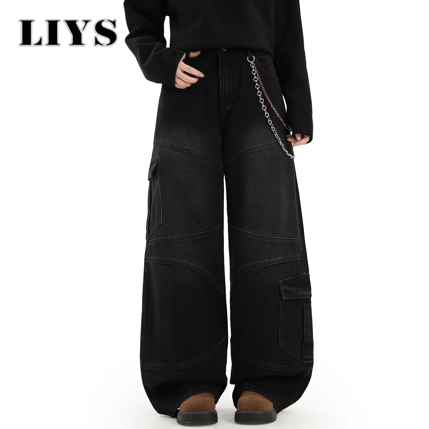 American Street Retro Bright Thread Deconstruction Loose Wide Leg Jeans Unisex  Baggy Men's Clothes Multi Pocket Workwear Jeans