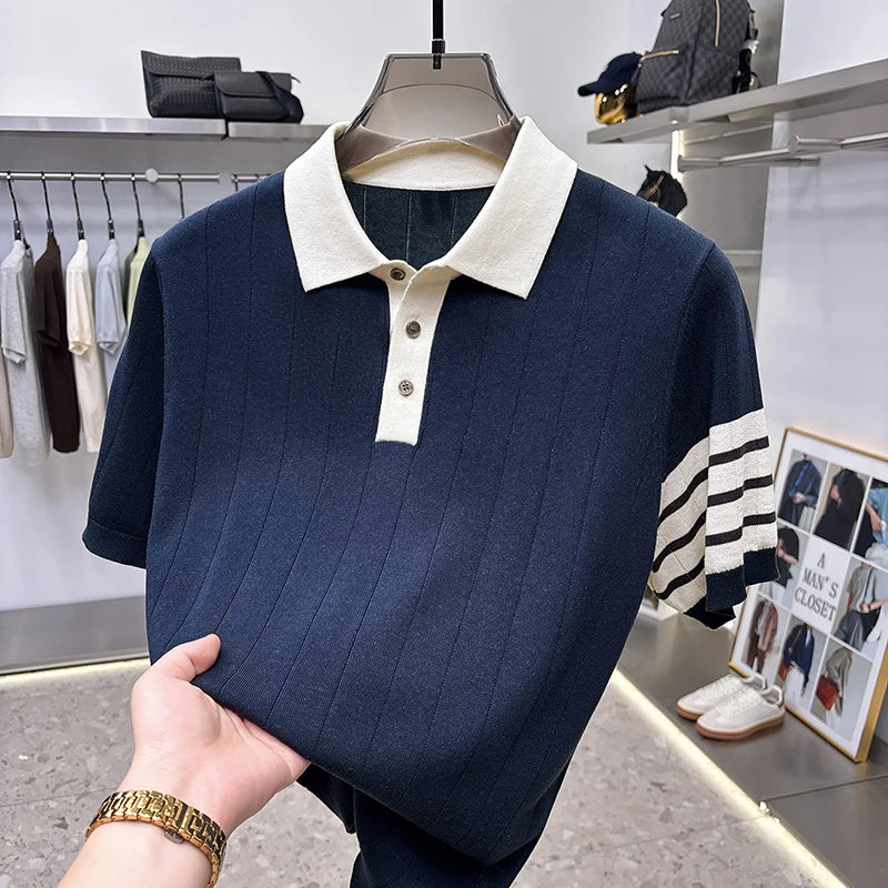 High Quality Man Summer Short-Sleeved Polo Shirt Lapel Button Stripe Color Blocking Old Money Style Snug Ventilate Men'sClothing