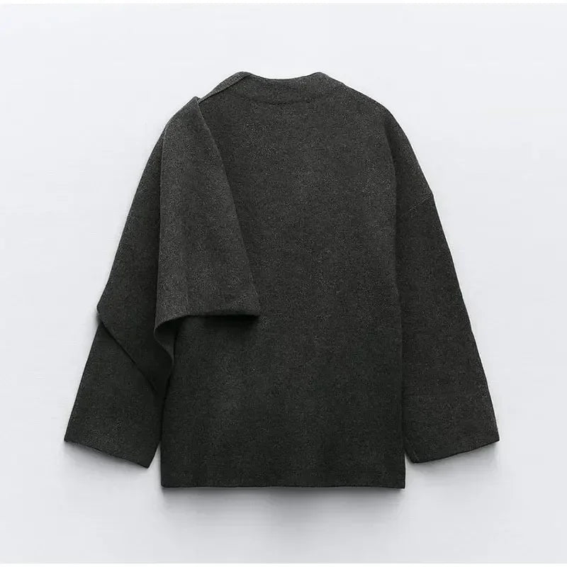 Autumn Short Gray Knitted Cloak Jacket Ladies with Scarf Women Fashion Long Sleeve Loose Cardigan Female Winter Elegant Chic New