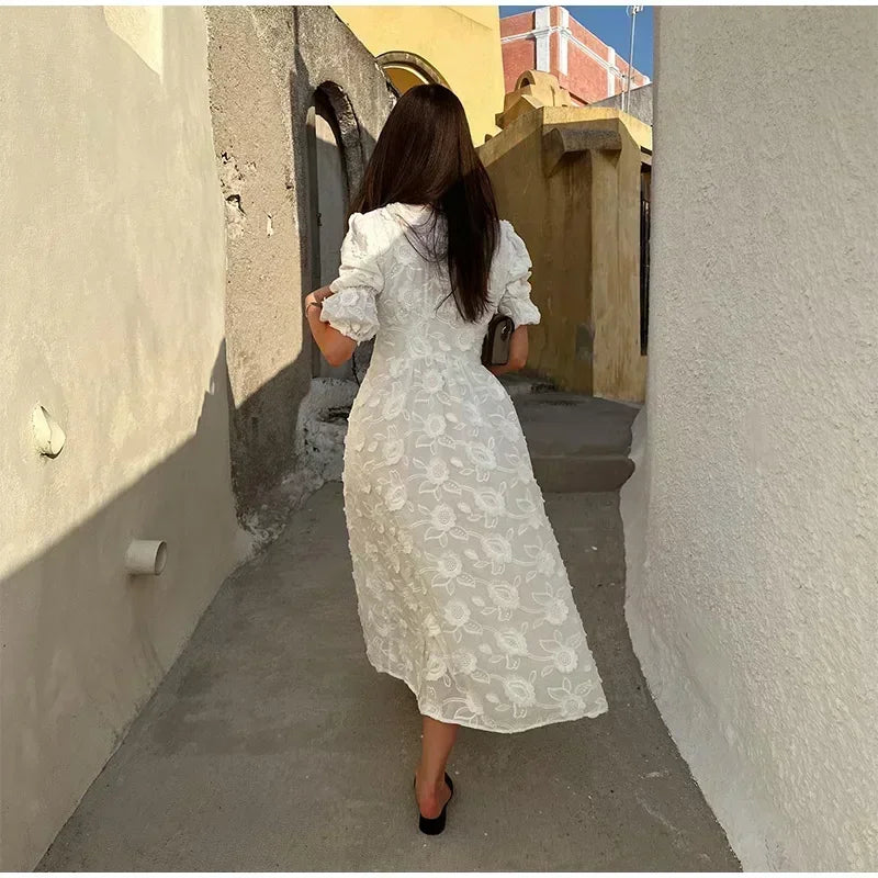 Elegant White Party Long Dress Women's Luxury V-neck Printed Single Breasted Split Evening Robe 2024 New Chic Street Dresses
