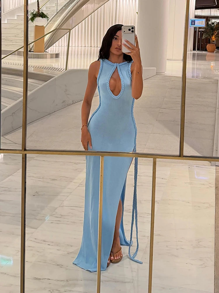 Women Elegant Maxi Dress Keyhole Neckline Braided Trim Sleeveless Backless High Slit Hem Solid Dresses 2026 Summer Fashion Gown