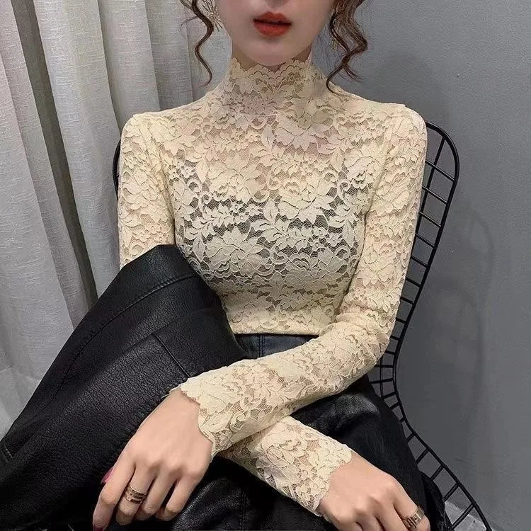Lace Base Layer Shirt Women's Spring Autumn Winter Fashionable Inner Wear Half High Collar Elastic Top Hollow out Nylon Small...