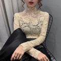 Lace Base Layer Shirt Women's Spring Autumn Winter Fashionable Inner Wear Half High Collar Elastic Top Hollow out Nylon Small...