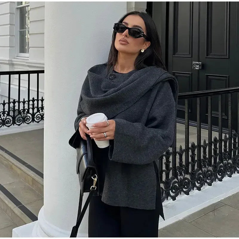 Autumn Short Gray Knitted Cloak Jacket Ladies with Scarf Women Fashion Long Sleeve Loose Cardigan Female Winter Elegant Chic New