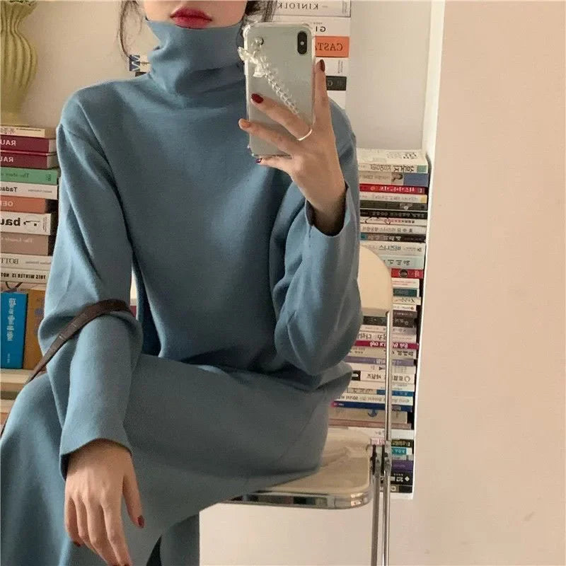 Smvp Fall Winter Turtleneck Long Dress Women Basic Solid Casual Loose Long Sleeve Dresses Female Streetwear Side Split Dress