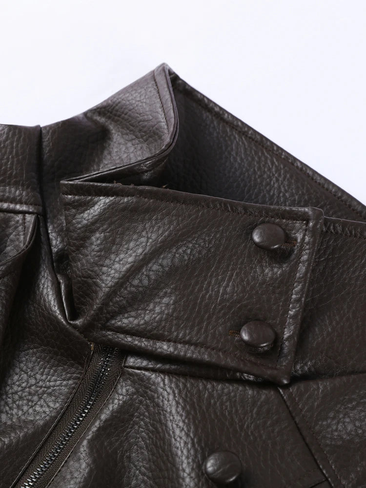 Women Bomber Jacket Leather Coat Retro Coat Stand-Collar Top Textured Clothes Lversized Biker Coat Casual Streetwear Outerwear