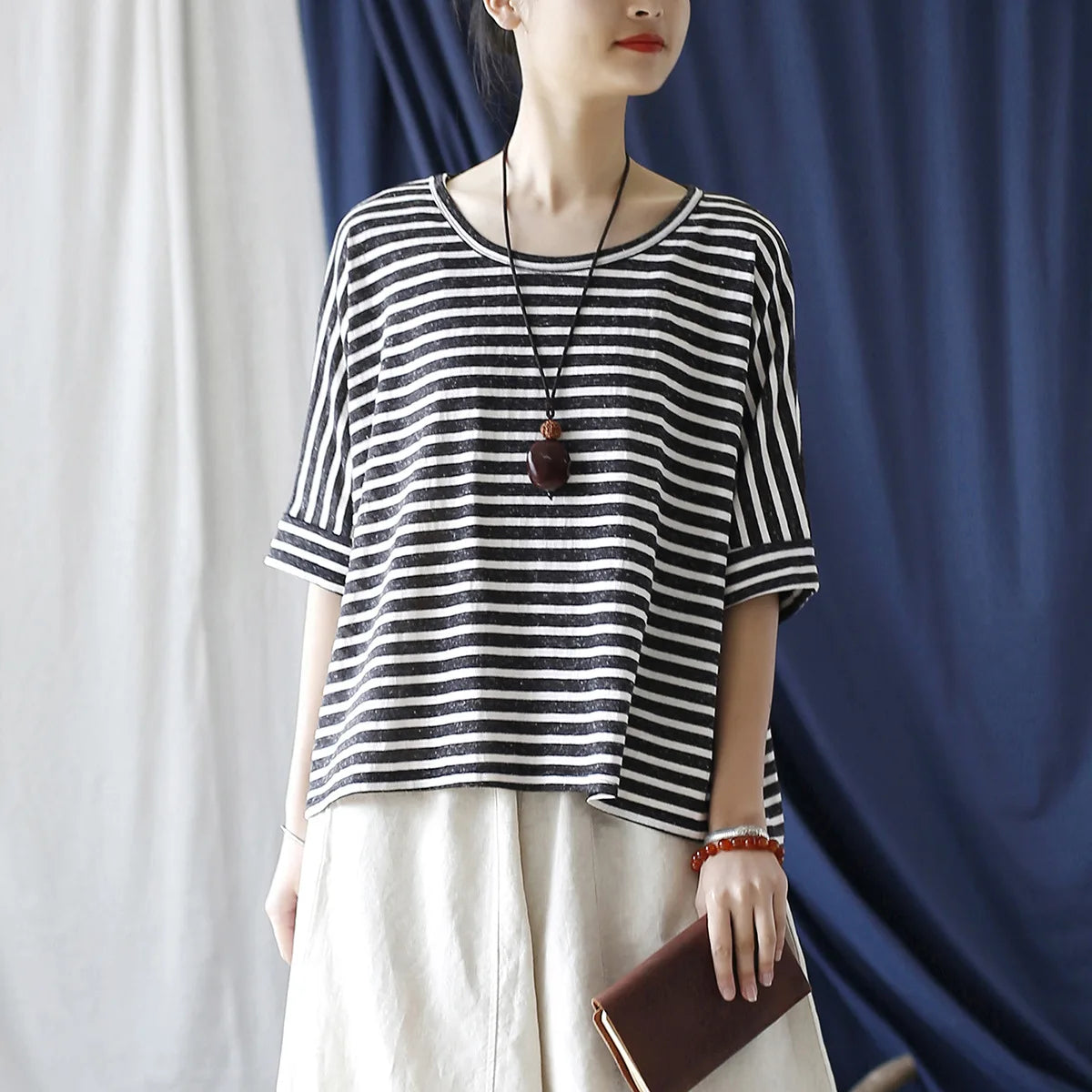 Johnature Women Casual Striped T-Shirts O-Neck Half Sleeve Tees 2025 Autumn New Cotton Soft Women Clothes Loose T-Shirts
