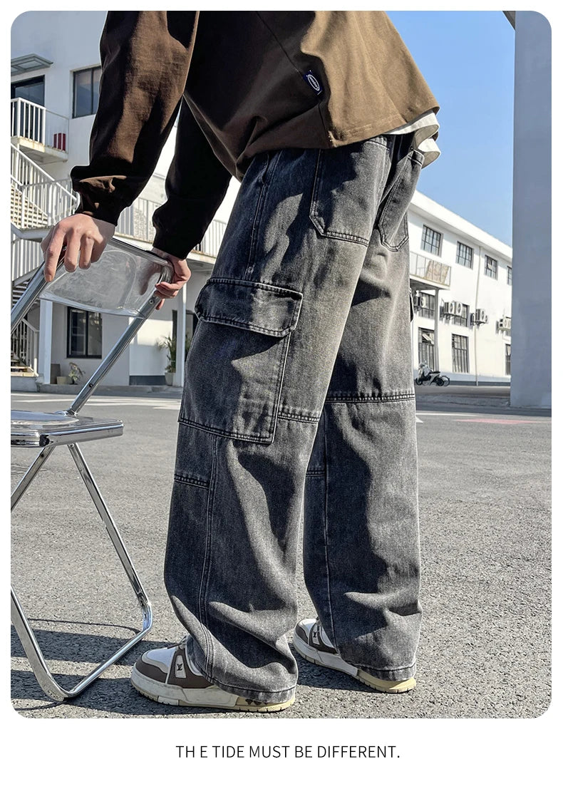 2025 new men's cement grey work jeans Y2K street hip-hop large pocket wide-leg straight jeans trousers jogging black light blue