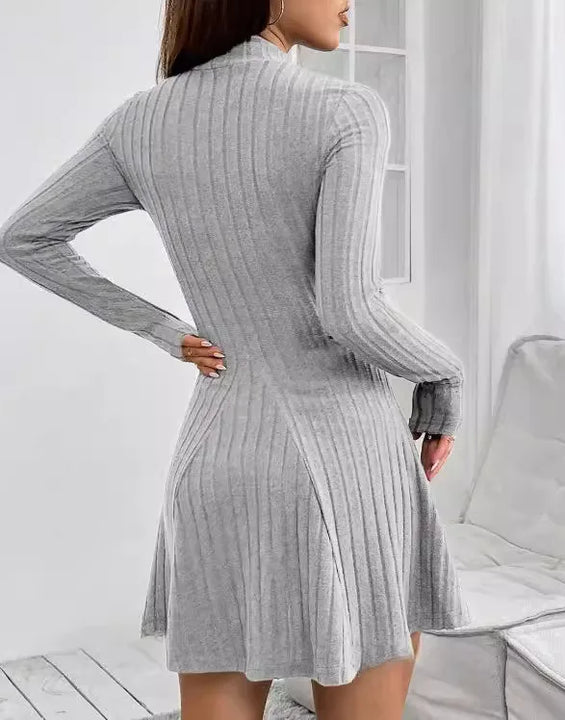 Knitted Dresses Women Basics Pleated Dress Half High Collar Full Sleeve Solid Short Vestidos Knitting A Line Office Lady 2025