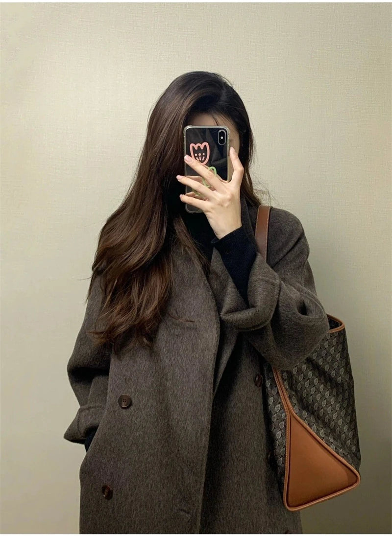 100% Wool Coat Lapel Overcoat Women Wool Blend Double Breasted Long Sleeve Shoulder Pad Coat 2024 Autumn Female Outwear