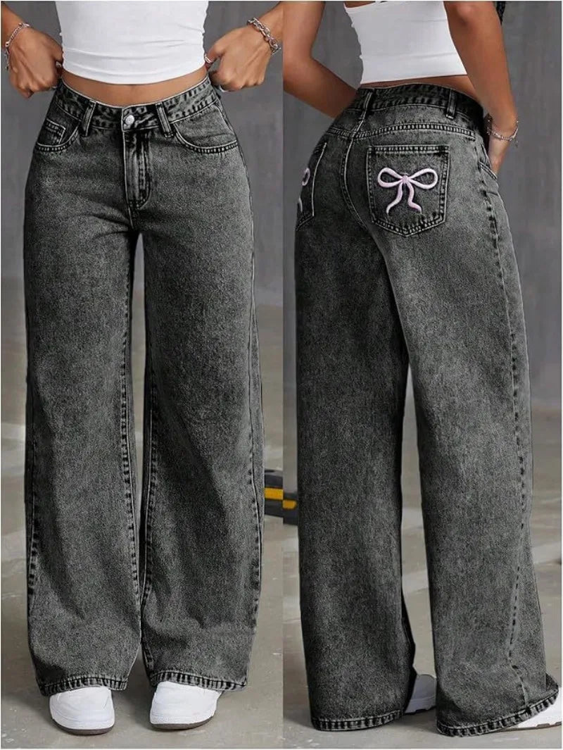 UNITIM Lady Versatile Washed Denim Trousers Women Straight Leg Slim Fit Jeans Pants Women Pockets Vintage Floor Length Trousers