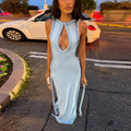Women Elegant Maxi Dress Keyhole Neckline Braided Trim Sleeveless Backless High Slit Hem Solid Dresses 2026 Summer Fashion Gown