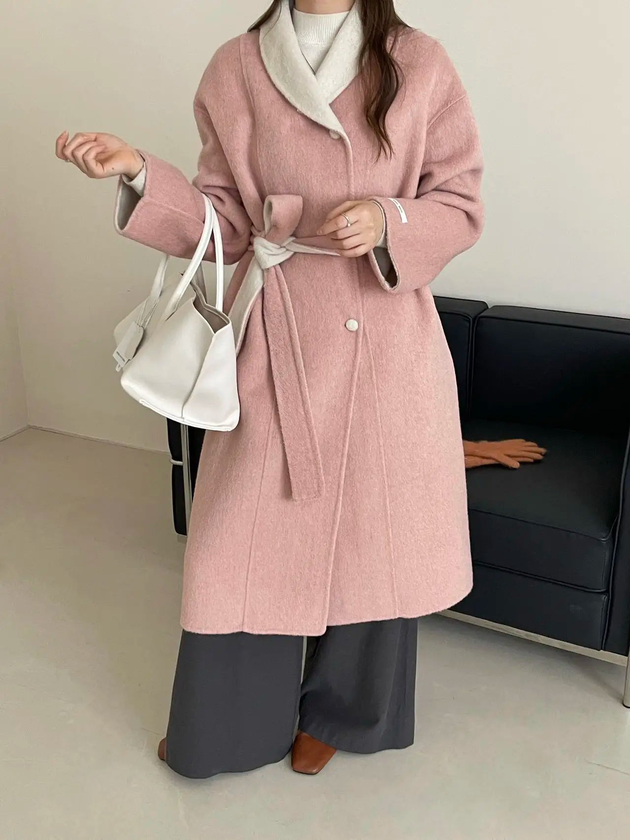 Women Autumn Gentle Elegant Temperament All-match Leisure Solid Long Korean Style Loose Temperament Loose Woolen Coat Female