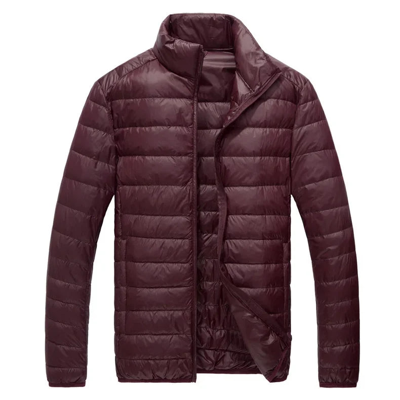 Schinteon Men Ultralight White Duck Down Jacket Thin Stand Collar Solid Color Simple Autumn Outwear