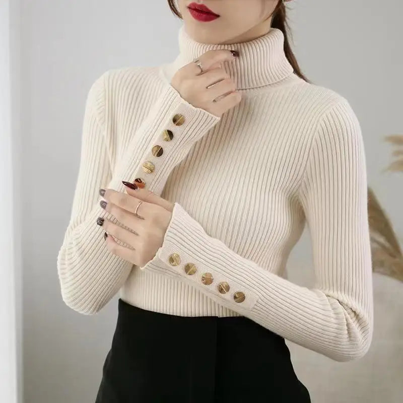 2026 Knitted Turtleneck Women Sweater Button Long Sleeve Pullovers Autumn Winter Basic Femme Sweaters Slim Solid Pull Tops