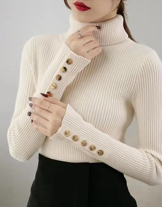 2026 Knitted Turtleneck Women Sweater Button Long Sleeve Pullovers Autumn Winter Basic Femme Sweaters Slim Solid Pull Tops