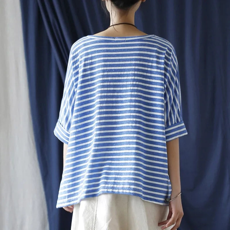Johnature Women Casual Striped T-Shirts O-Neck Half Sleeve Tees 2025 Autumn New Cotton Soft Women Clothes Loose T-Shirts